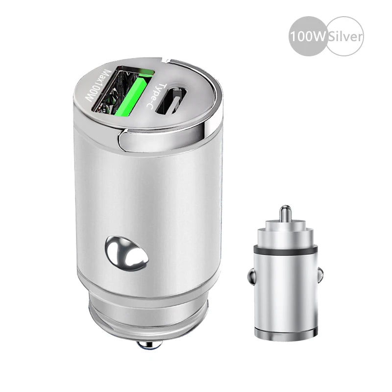 100W Mini Car Charger – Fast PD & QC3.0 USB-C for iPhone, Samsung