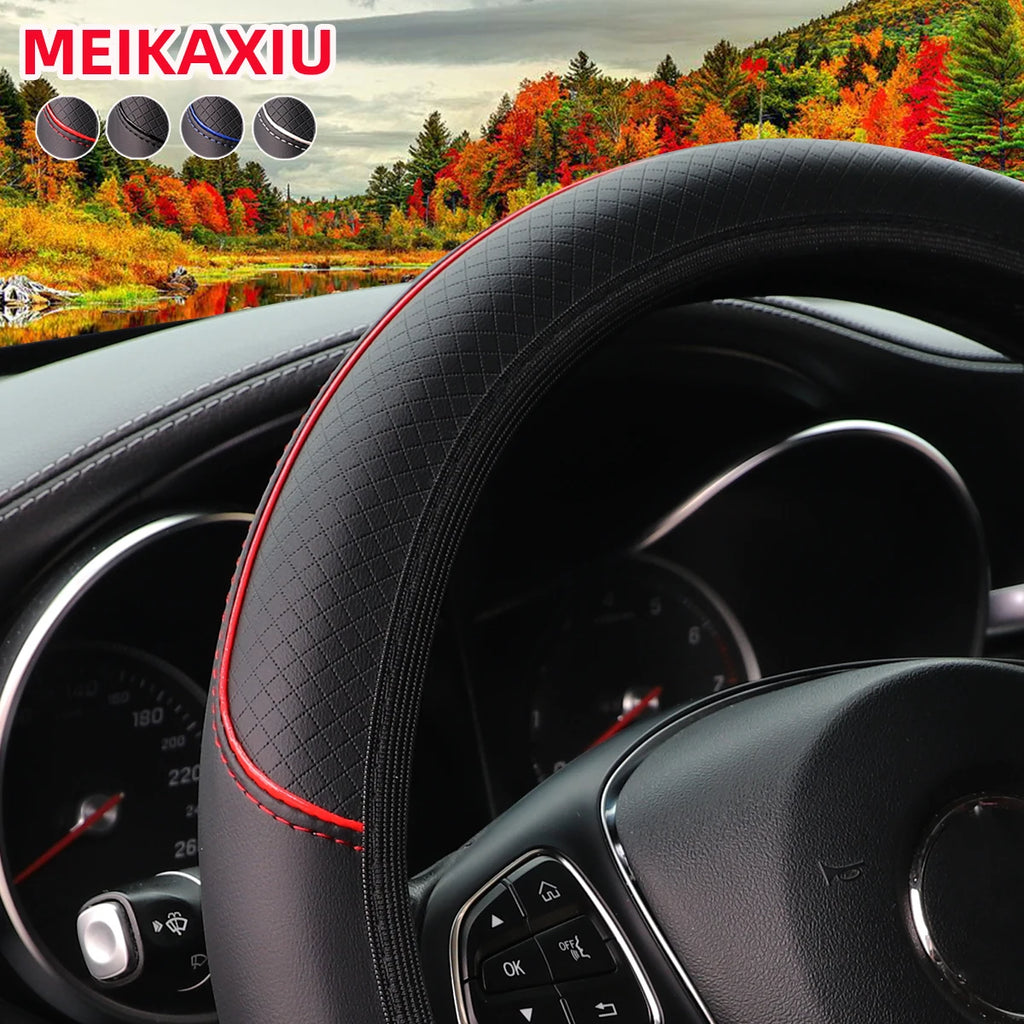 Leather Steering Wheel Cover – Red & Blue Stripe, 14.5–15" Universal Fit
