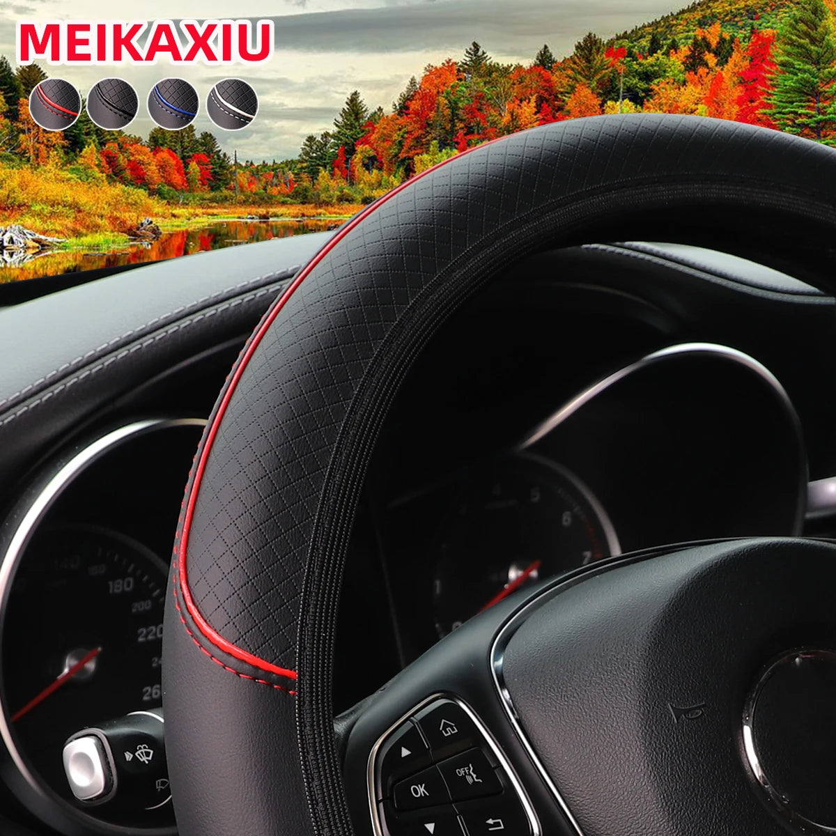 Leather Steering Wheel Cover – Red & Blue Stripe, 14.5–15" Universal Fit
