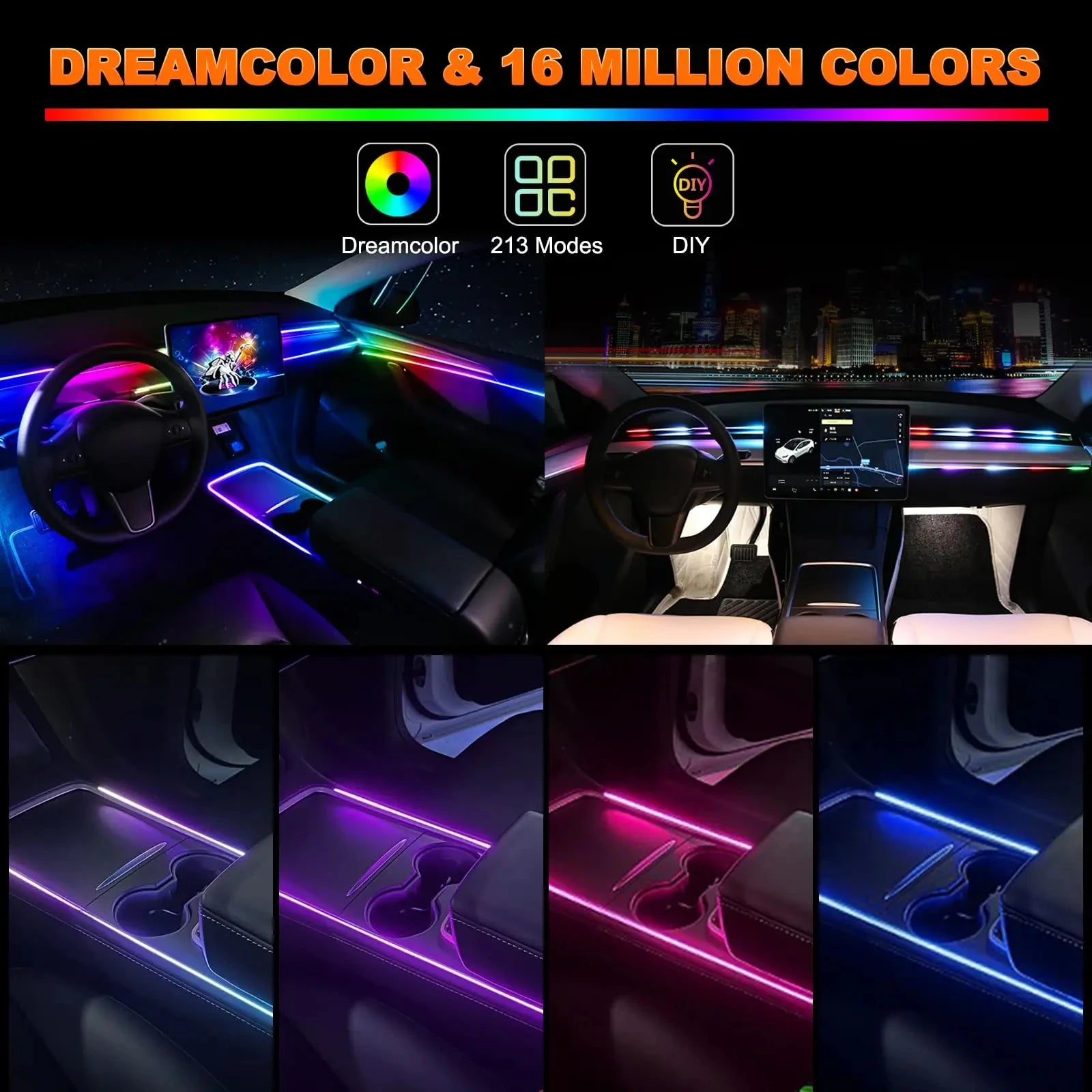 Full-Color RGB Car Interior Lighting – 18-in-1 Dual Zone Neon Acrylic Strip
