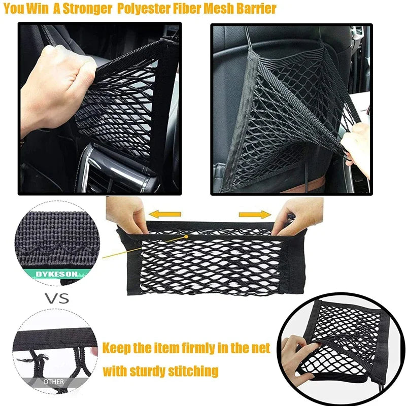 Car Storage Net Bag – Elastic Organizer & Pet Barrier Between Seats