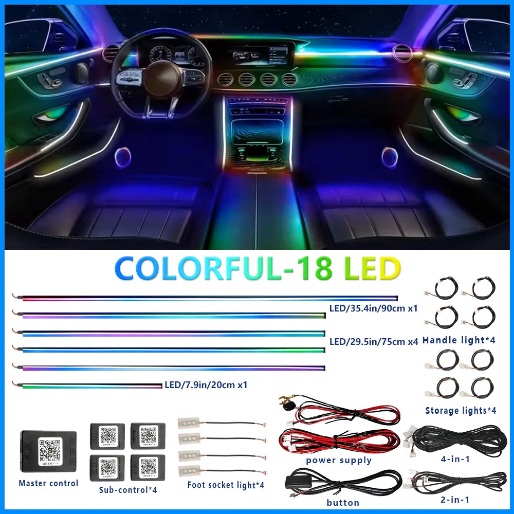Full-Color RGB Car Interior Lighting – 18-in-1 Dual Zone Neon Acrylic Strip