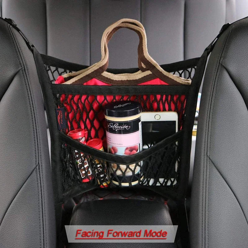 Car Storage Net Bag – Elastic Organizer & Pet Barrier Between Seats