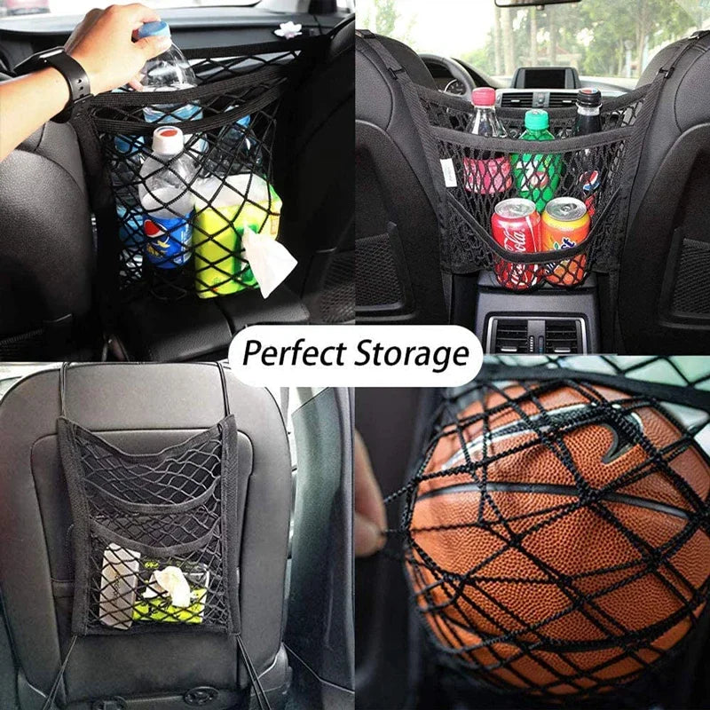 Car Storage Net Bag – Elastic Organizer & Pet Barrier Between Seats