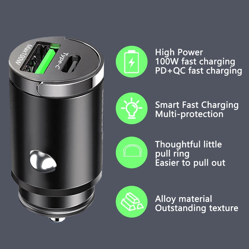 100W Mini Car Charger – Fast PD & QC3.0 USB-C for iPhone, Samsung