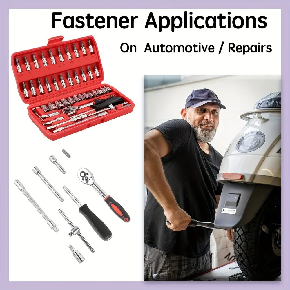 46-Piece Auto Repair Ratchet Wrench & Socket Tool Set – Vehicle Maintenance Kit