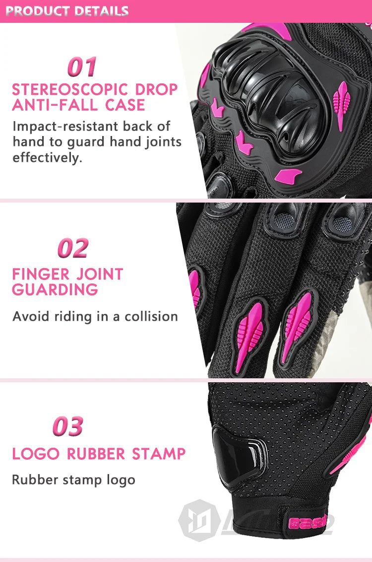 Unisex Touchscreen Moto Gloves – Pink & Black Lightweight Motorbike Gloves