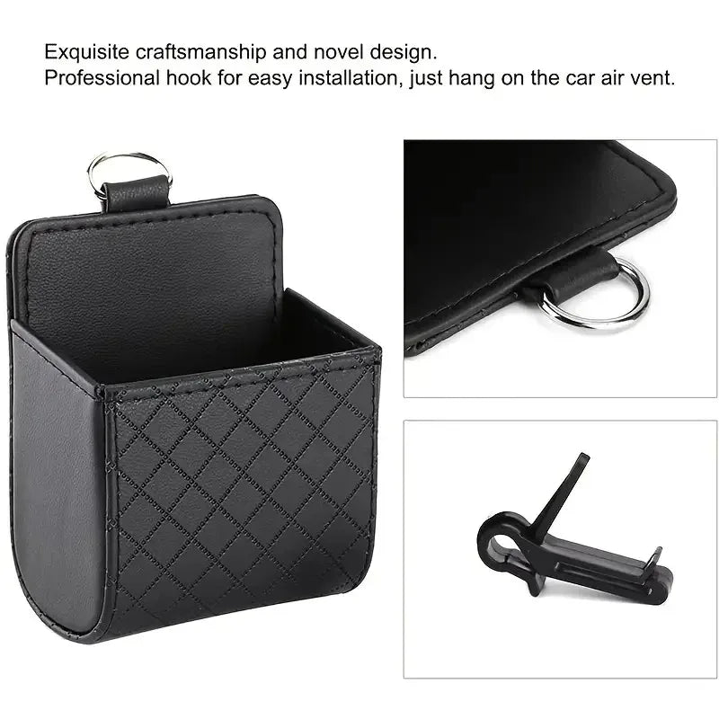 Universal Car Air Vent Hanging Organizer – Leather Storage & Phone Holder