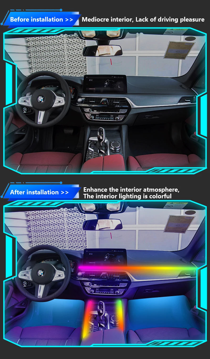 Full-Color RGB Car Interior Lighting – 18-in-1 Dual Zone Neon Acrylic Strip