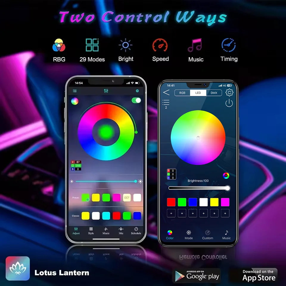 Full-Color RGB Car Interior Lighting – 18-in-1 Dual Zone Neon Acrylic Strip