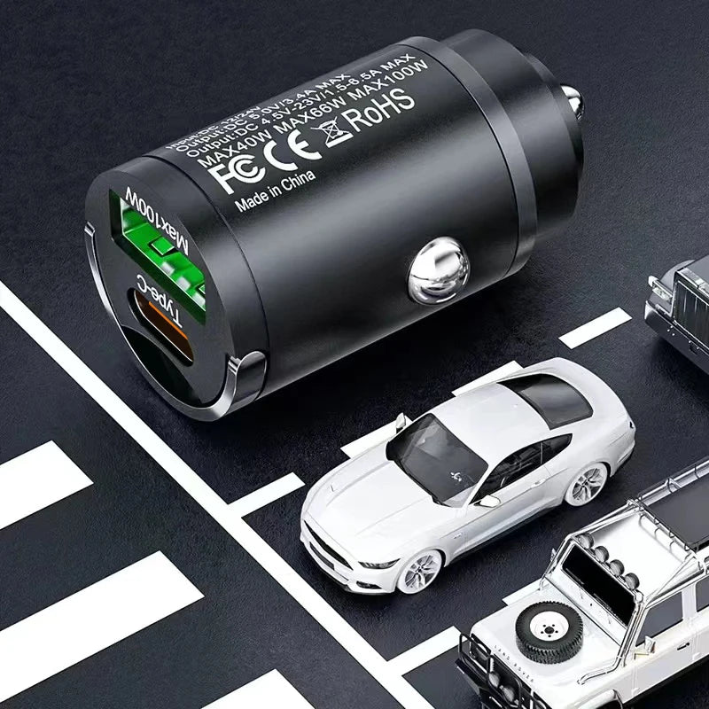 100W Mini Car Charger – PD Type-C Fast Charging for iPhone, Samsung